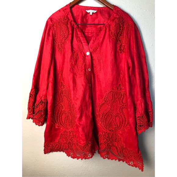 John Mark Scottsdale Classic Red LINEN/LACE Embroidered Blouse Tunic S Bell Slee - Picture 3 of 16